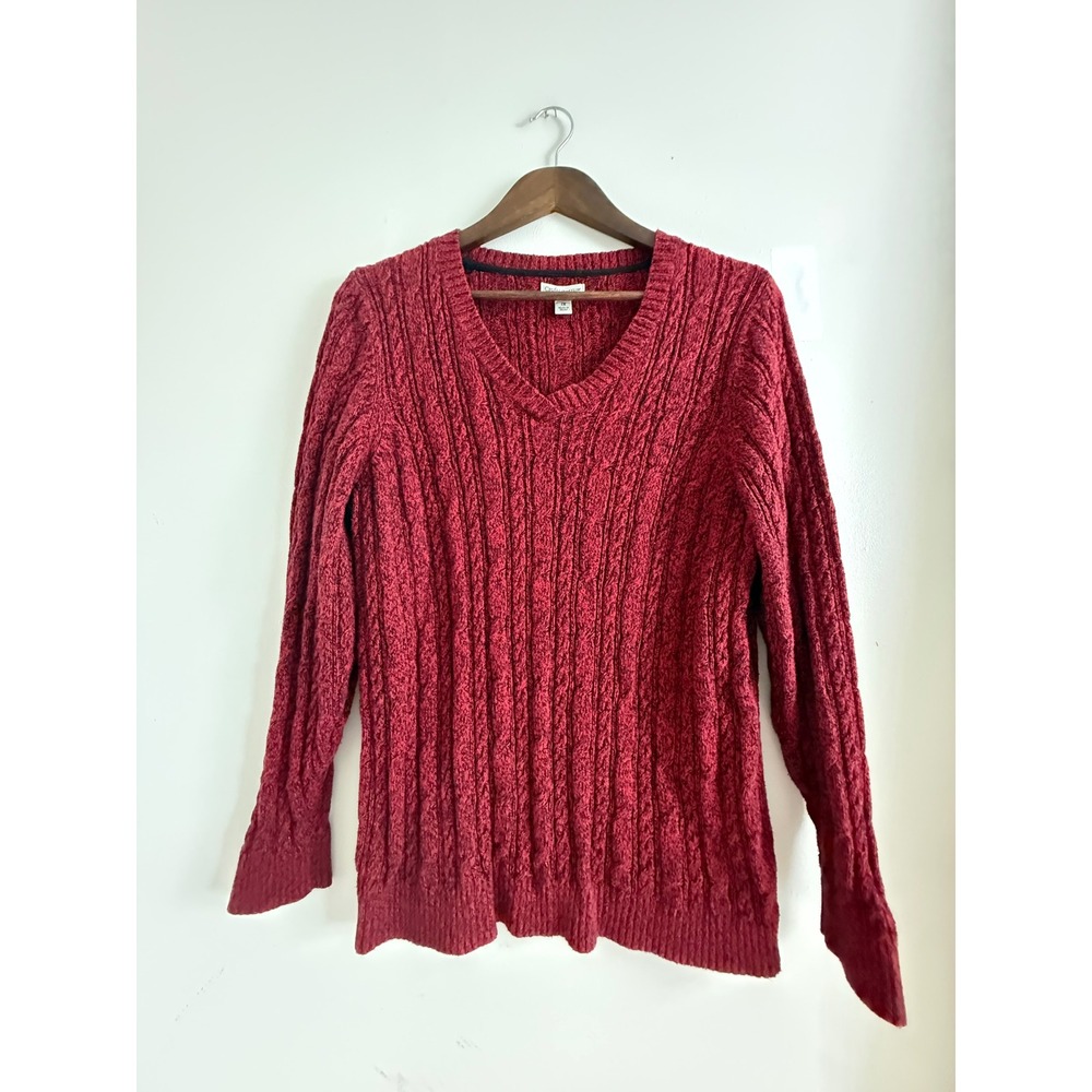 Croft & Barrow Womens 1X Burgundy Red Cable Knit V-Neck 100% Cotton Sweater
